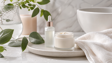 Gentle skincare products with soft towel, botanical leaves, and clean water droplets on a bathroom vanity