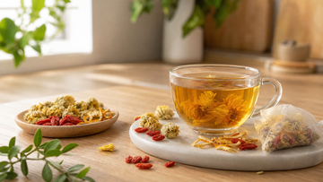 A warm cup of herbal tea with dried botanicals arranged on a clean kitchen counter