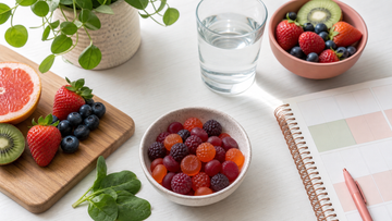 Colorful unbranded nutrition gummies with fruit, water, and a habit notebook on a bright tabletop
