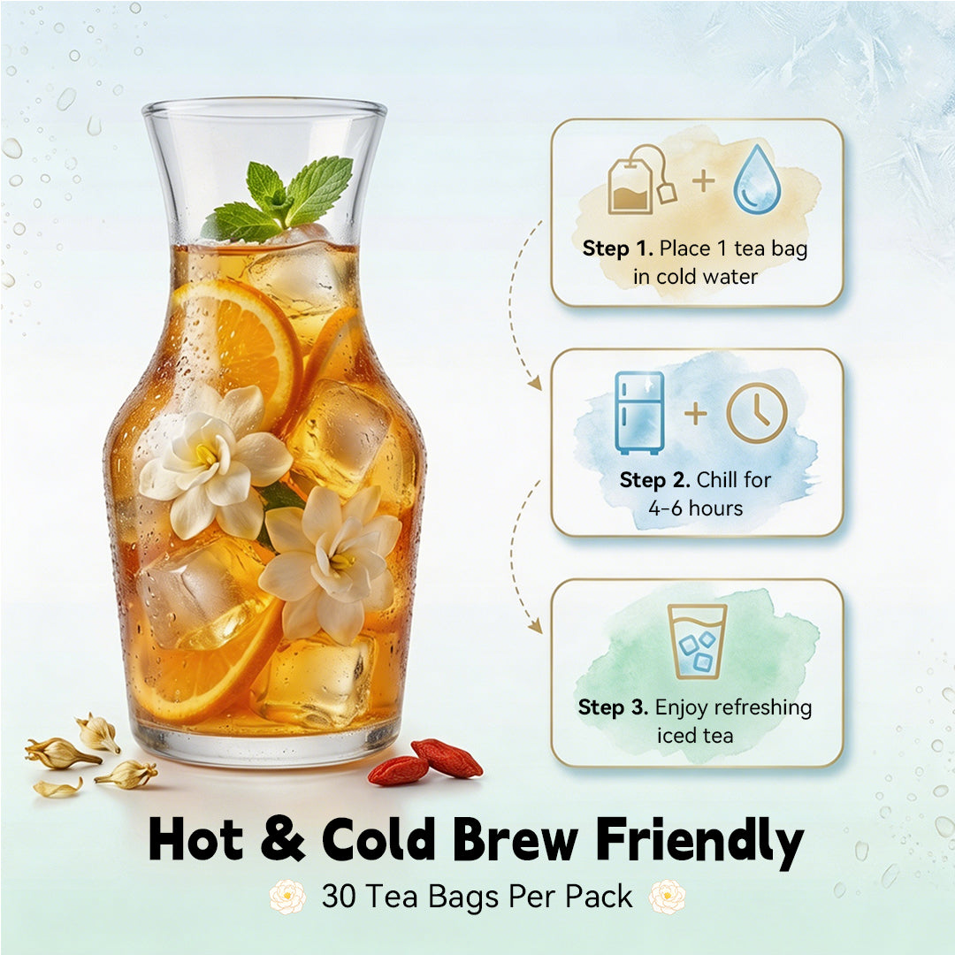 Refreshing Gardenia Chicory Floral Cooling Tea Sachets, Natural Soothing Blend For Hot Weather & Air Conditioning Dryness, Boost Mild Immune Support, Zero Artificial Additives, Quick Steep Hot Cold Brew Self-Care Drink For Office & Outdoor Use