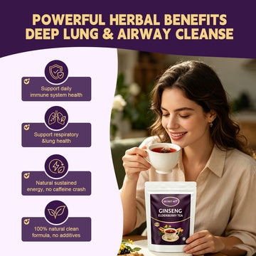 Tired Of Seasonal Congestion & Coffee Crashes? Ginseng Elderberry Lung Support Tea Sachets, Mullein Thyme Immune Boost Herbal Blend, Caffeine-Free All-Day Natural Energy, Soothe Respiratory Discomfort, Hot Cold Brew Portable Daily Wellness Must-Have