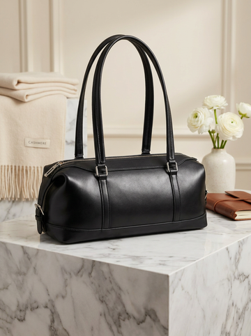 Smooth Faux Leather Barrel Shoulder Bag, Minimalist Cylindrical Design With Silver Hardware, Spacious Zip Top Daily Handbag For Office Date Weekend Travel, Multi Carry Ways Timeless Black Versatile Retro Purse For Women