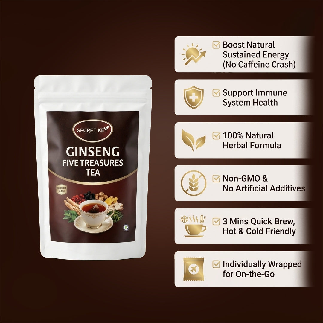 Premium Ginseng Five Treasures Herbal Kidney Support Tea Bags, Biodegradable Corn Fiber Pyramid Infusions, Boost Stamina For Night Shift & High-Stress Guys, Natural Energy Drink Perfect For Daily Self-Care & Thoughtful Healthy Gifts